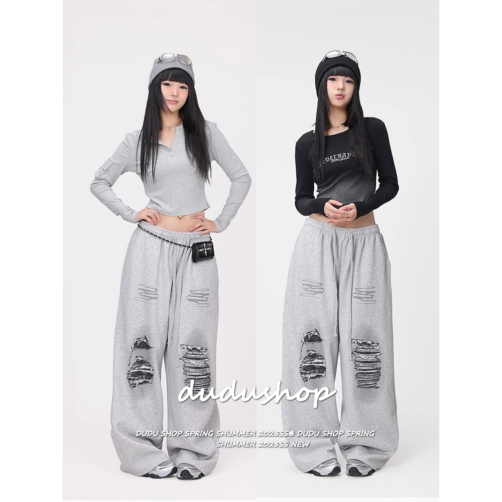 [Graphic print design, sporty wide-leg pants]กางเกงขากว้างพิมพ์ลายฮิปฮอปสำหรับเล่นกีฬาและเต้นรำแบบลำลองสำหรับผู้หญิง