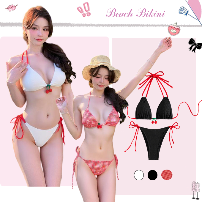💗ส่งไวจากไทย💗CHERRY BIKINI 🍒ชุดว่ายน้ำแฟชั่น บิกินี่เซ็กซี่ บิกินี่สองชิ้น 👙โดดเด่นด้วยจี้เชอร์รี่น่ารักและเนคไทด้านข้าง
