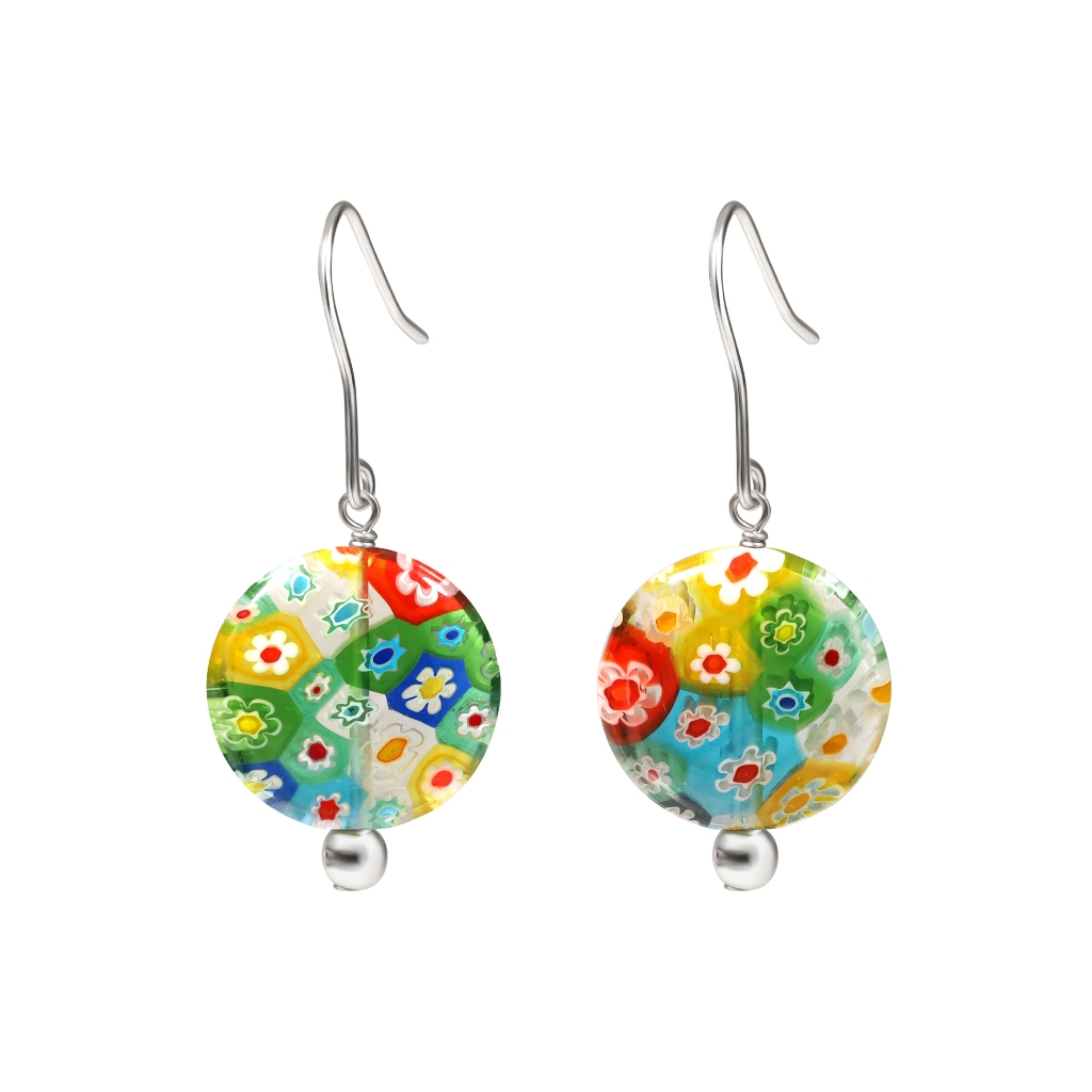 Sea Of Ice | ต่างหูเงินแท้ 925 มูราโน่ Millefiori ทรงกลมแบน ลายคละสี ตะขอห้อย สำหรับผู้หญิง