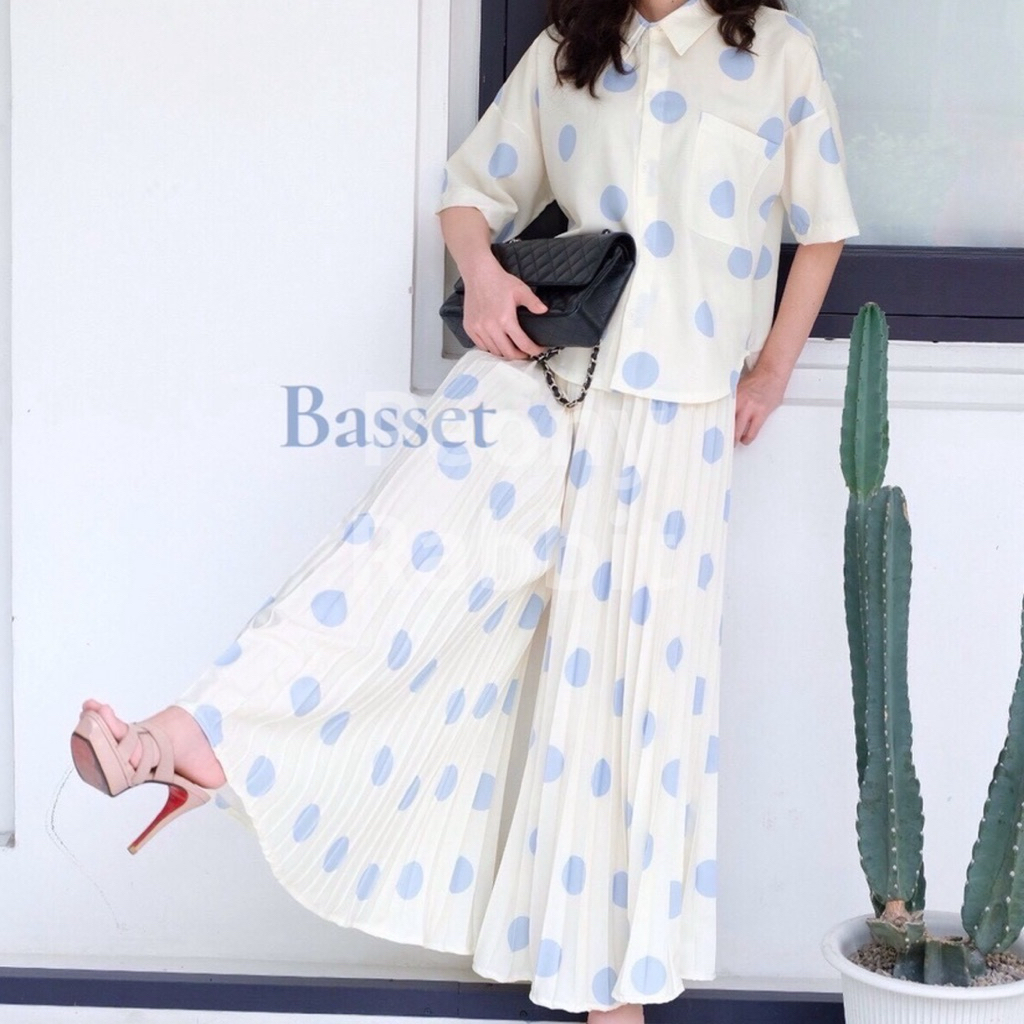 B Polka Breeze Set  ใส่แล้วสดใสสุดๆ 🌸 เซ็ตเสื้อเชิ้ตแขนสั้นลายจุด+กางเกงอัดพลีท ดีไซน์ลายจุดโทนพาสเทลน่ารักมากก 💙ใส่สบาย
