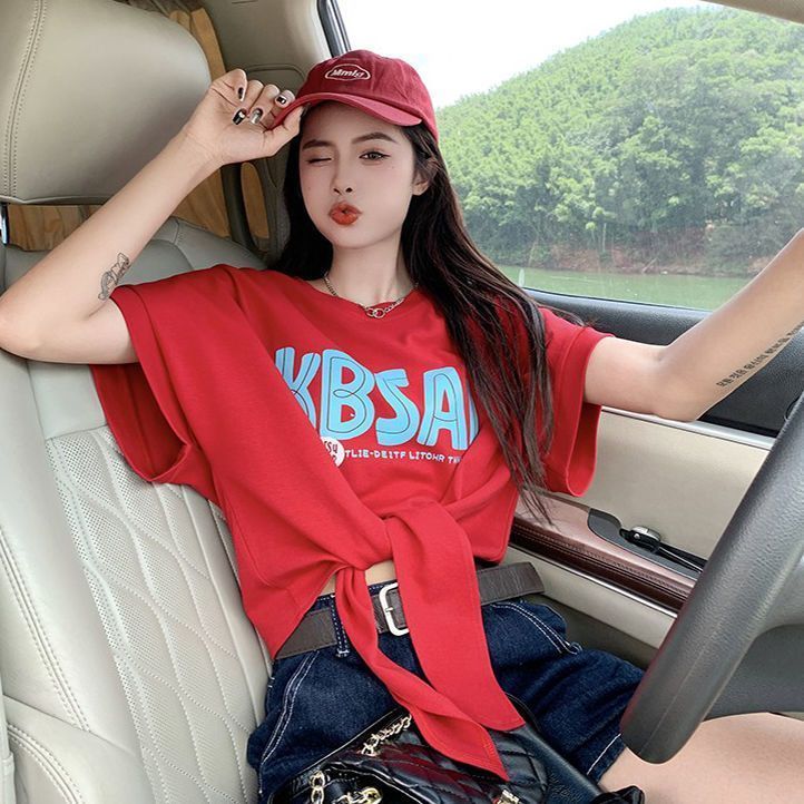 เสื้อครอปน่ารักสไตล์เกาหลี oversize เสื้อผ้าสาวอวบอ้วนไซส์ใหญ่ เสื้อยืดสวยๆผู้หญิงกําลังฮิตใหม่ล่าสุด ผ่าด้านหลัง แฟชั่น