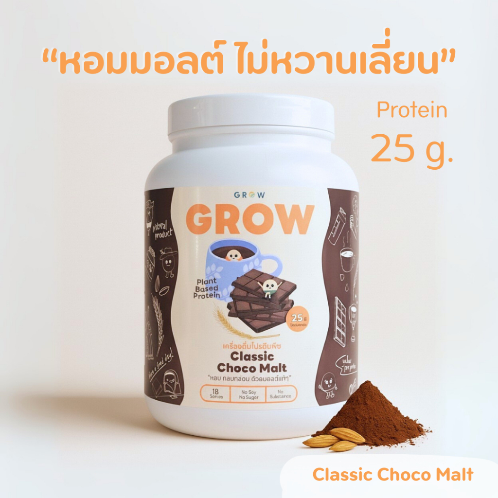 [NEW] Grow Classic Choco Malt เครื่องดื่มโปรตีนพืช รสช็อคโกแลตมอลต์ ดื่มง่าย ไม่มีน้ำตาล