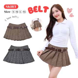 JARINYA (S-XL) กระโปรงผ้าสั้น+เข็มขัด ลายตารางเล็ก แต่งจีบรอ…