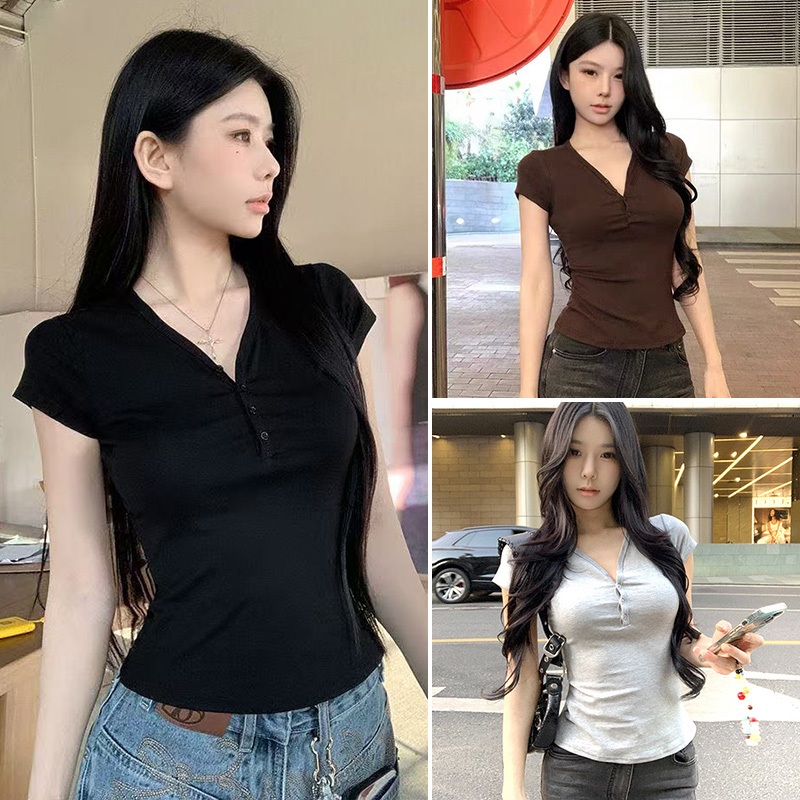 พร้อมส่ง🚚เสื้อยืดแขนสั้น สําหรับผู้หญิง เสื้อครอป สีดำ สีพื้น โปร่งสบาย สวมใส่สบาย ทรงเข้ารูป แมชต์ได้ทุกสไตล์ #F045