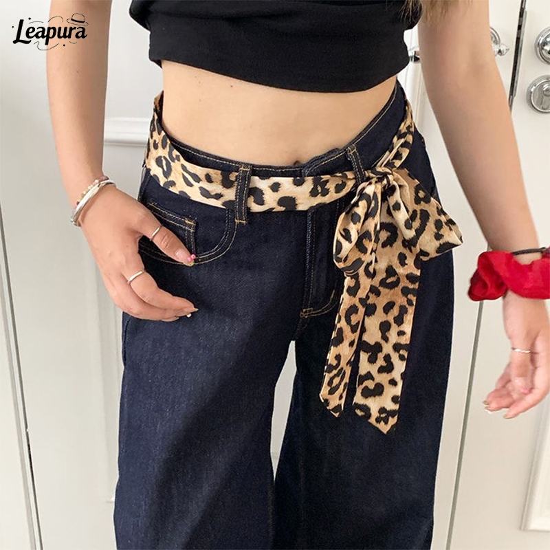 เข็มขัดมัลติฟังก์ชั่นผ้าพันคอผ้าไหมลายเสือดาววินเทจY2Kเครื่องประดับแฟชั่นสำหรับผู้หญิง❤️Leapura