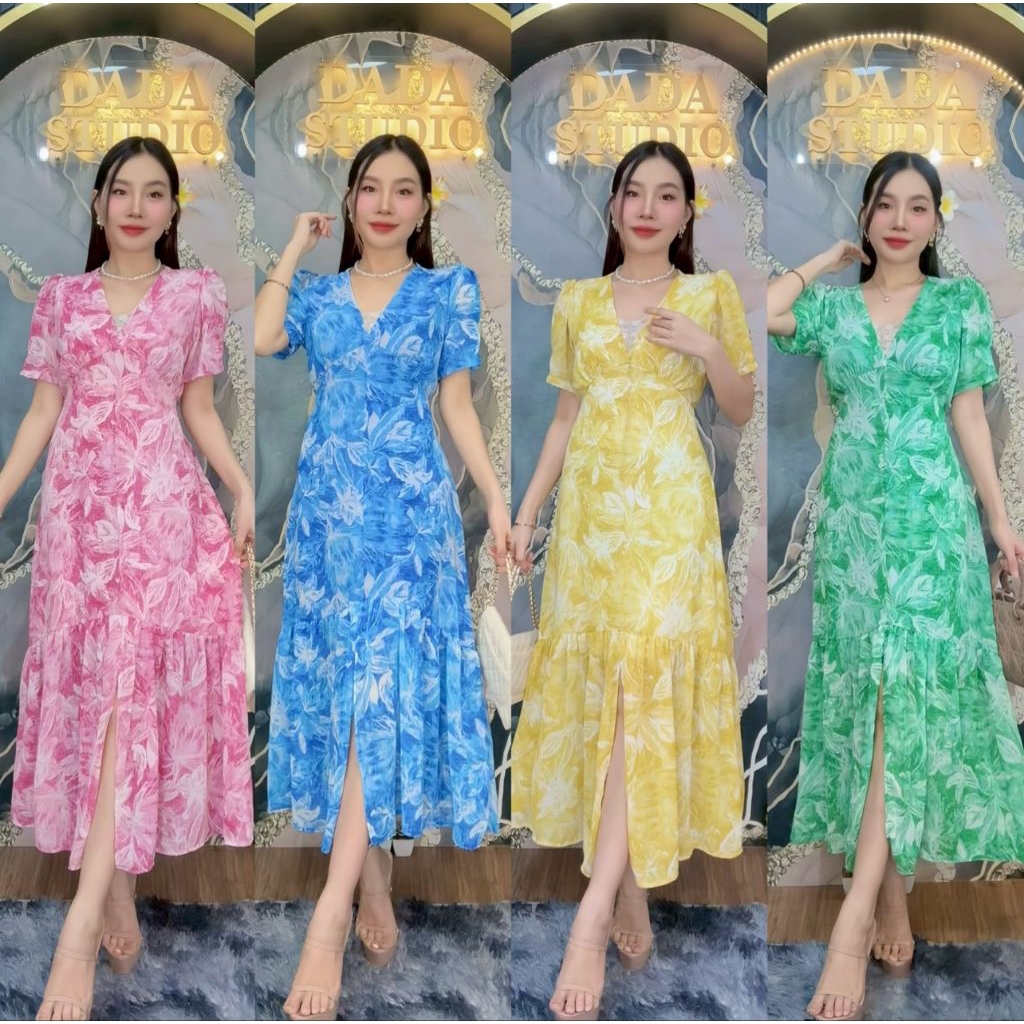 เดรสซีฟองคอวีลายสีน้ำหางปลาสลิมแขนทวิตNo.57