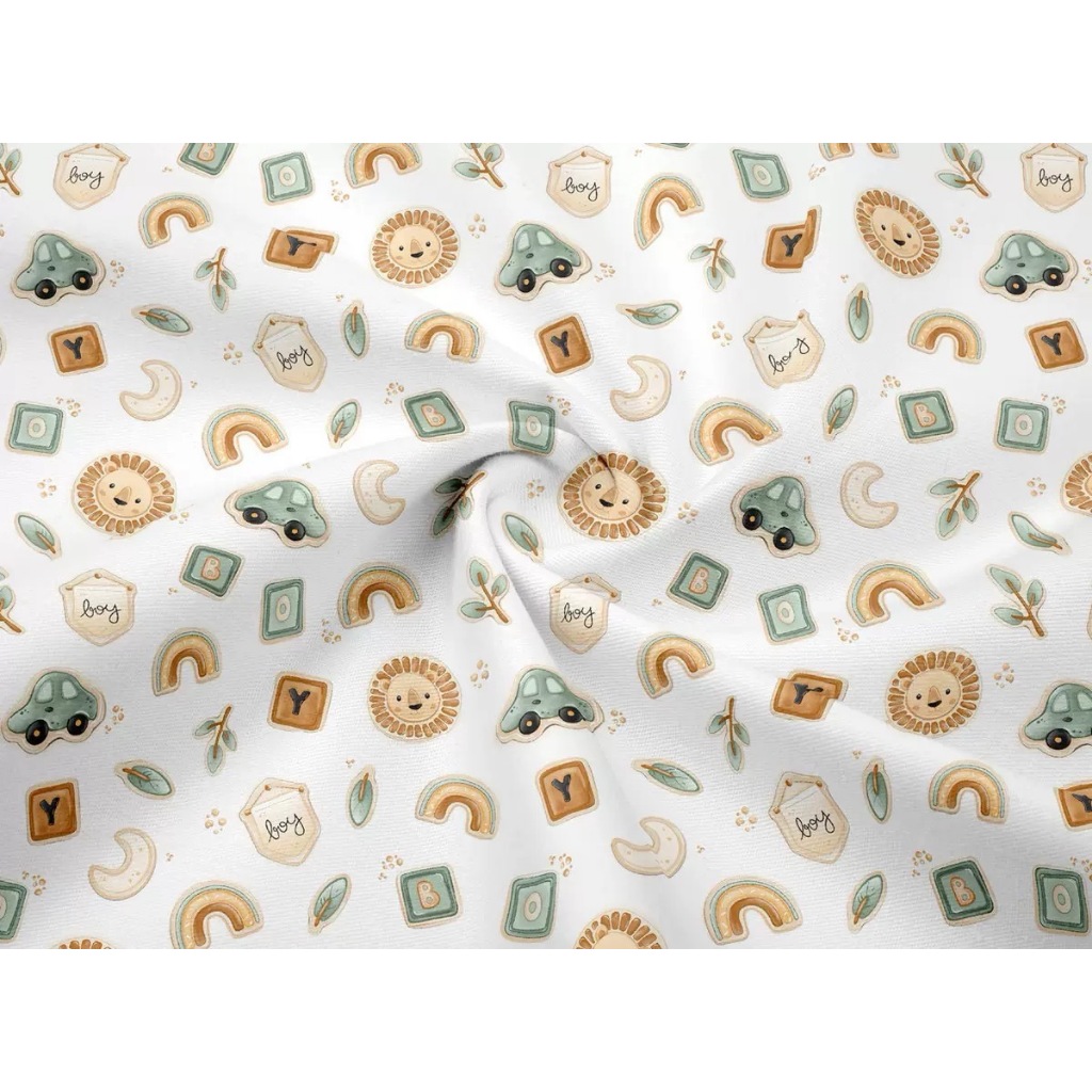 ผ้าคอตตอน 100% ทอทวิล ตัดขายเป็นเมตรและตัดแบ่งเป็นชิ้นเล็ก หน้ากว้าง 1.60 เมตร พิมพ์ลาย Lion Boy