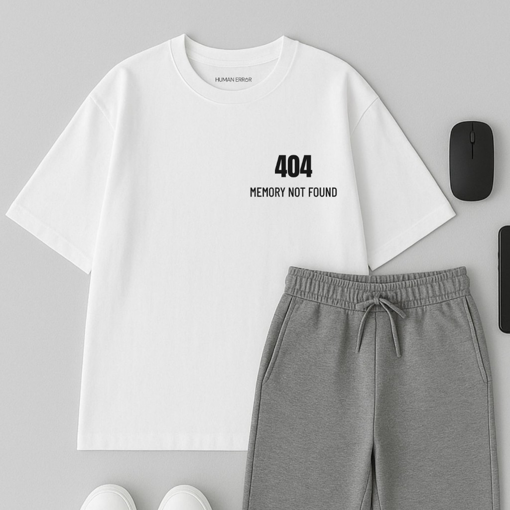 HUMAN ERROR - เสื้อยืดโอเวอร์ไซส์สีดำ/ขาว พรีเมียมคอตตอน สกรีน 404 MEMORY NOT FOUND สไตล์มินิมอล