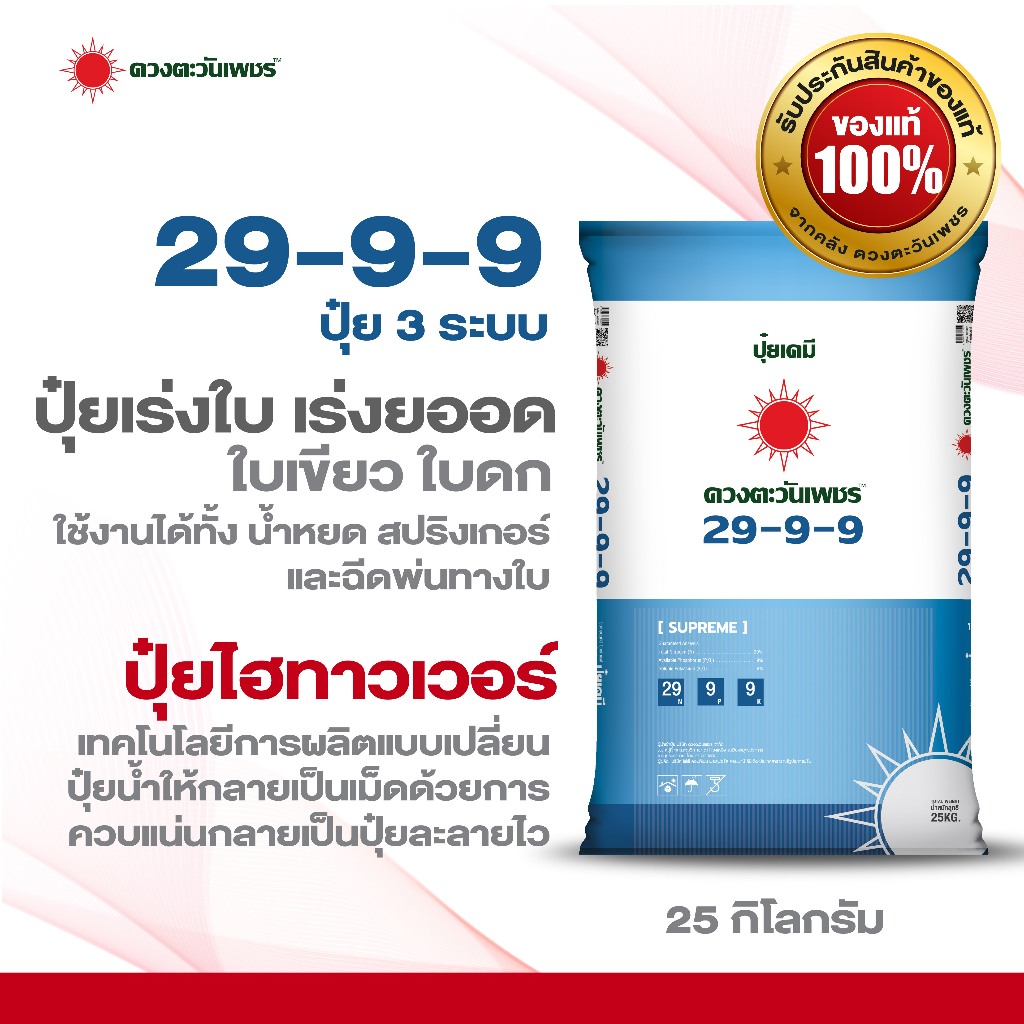 ปุ๋ย 3 ระบบ คอมปาวด์สูตร 29-9-9 ขนาด 25 กิโลกรัม บำรุงต้น เร่งแตกใบแตกยอด ฟื้นต้นโทรม ใบเขียวใหญ่