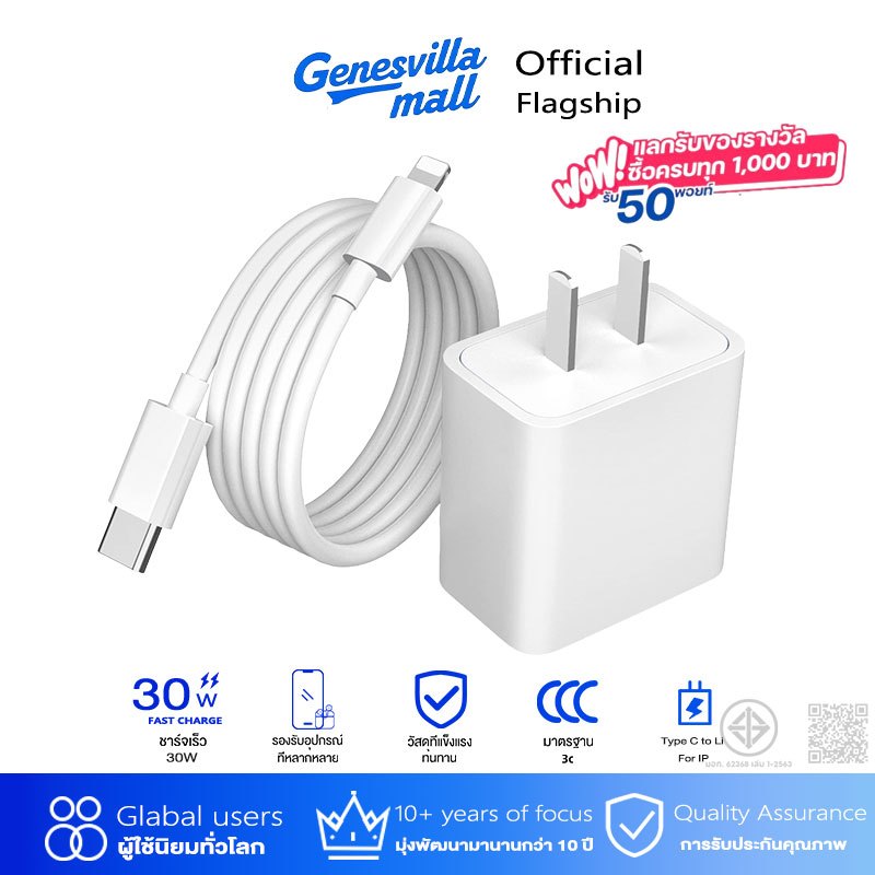 ชุดไฟชาร์จเร็ว PD 30W (สาย Type-C to Li + หัวชาร์จ) เข้ากับ iP6 7 8 X 11 12 13 14 PRO MAX คุณภาพสูง