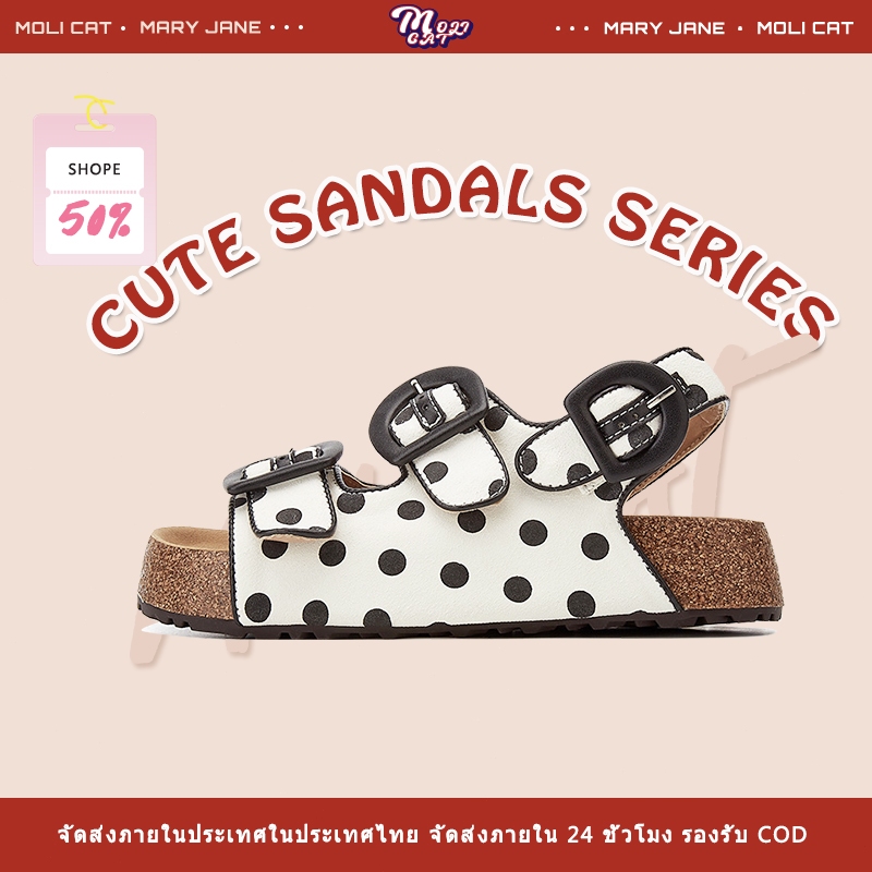 【MOLI CAT】รองเท้าผู้หญิง รองเท้าแตะ ลายจุดน่ารัก ความสูงพื้นรองเท้า 4ซม.ระบายอากาศได้ แฟชั่น