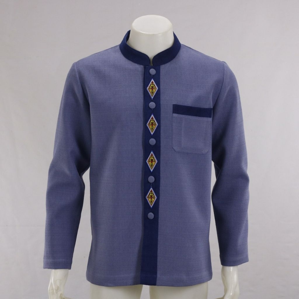เสื้อผ้าฝ้ายลายเยื่อไผ่ คอจีน ผ่าหน้า ติดลายทอผ้านกกินน้ำ