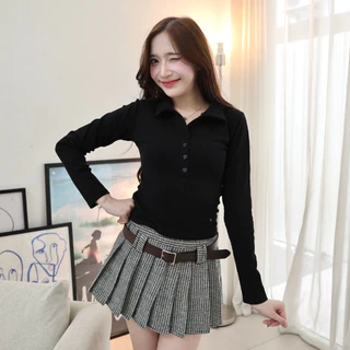 JARINYA (S-XL) กระโปรงผ้าสั้น+เข็มขัด ลายตารางเล็ก แต่งจีบรอบ งานเกาหลี เกาใจมาก มีซับใน เอวสูง แต่งซิปข้าง (K47)