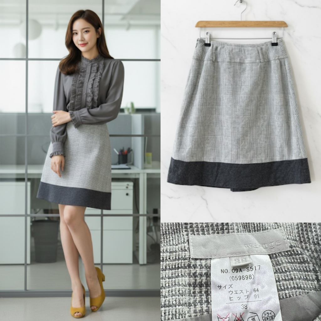 (G502) We nge กระโปรงไซส์ 38 ผ้า wool+rayon ซิปข้างมีซับสีเทามีหูใส่เข็มขัดสภาพสวยเอว 26 สะโพกฟรีไซส