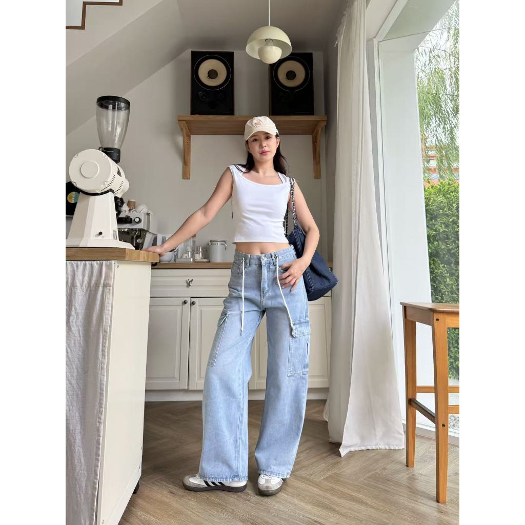 กางเกงยีนส์คาโก้ทรงช่างรูดเชือกปรับระดับกระบอกใหญ่baggy jeans ป้ายBelin Star ปลายขากว้าง13นิ้ว