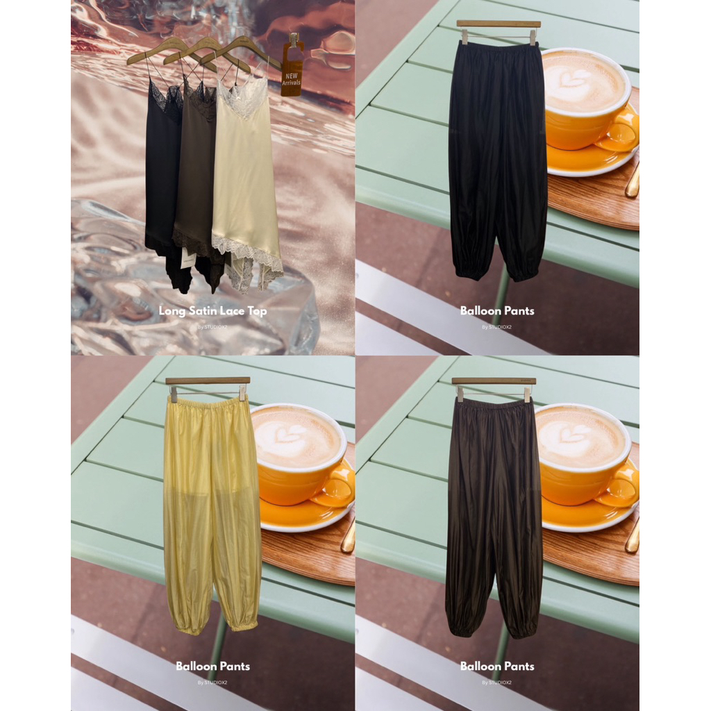 พร้อมส่ง🚩9968 STUDIOX2 BALLOON PANTSกางเกงทรงบอลลูนจินนี่ 9966 LONG SATIN LACE DRESS TOPเสื้อสายเดี่