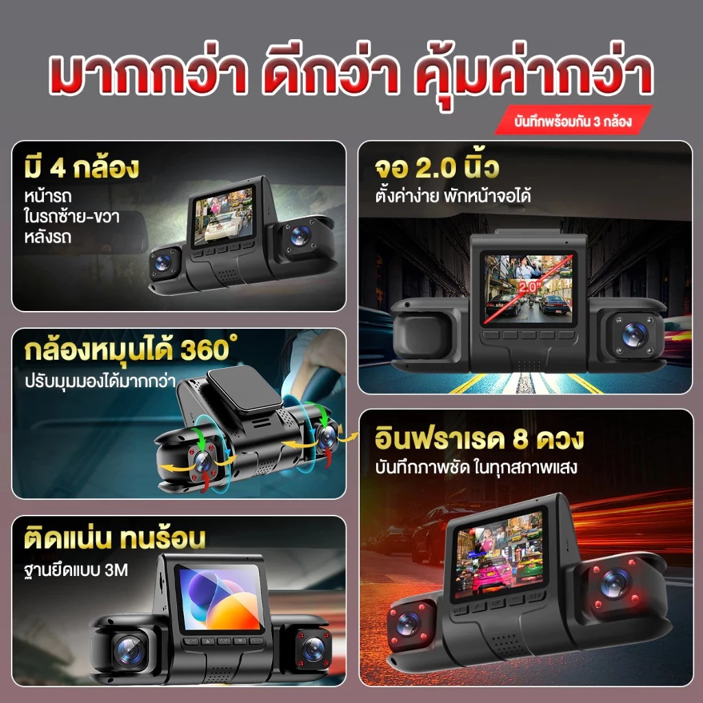 ประกัน10ปี Full HD กล้องติดรถยนต์ 4K+WIFI+3กล้อง รองรับบันทึกขณะจอด24ชม wifi ดูผ่านมือถือ พร้อมเมม32/64/128GB Car Camera thumbnail 5