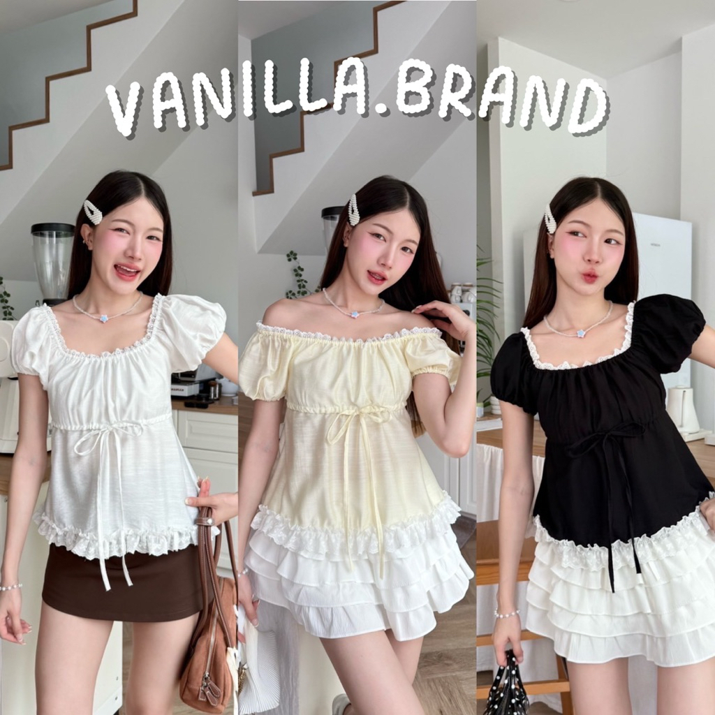 เสื้อแขนตุ๊กตาปาดไหล่ แต่งขอบคอลูกไม้ -ttm / VB0312