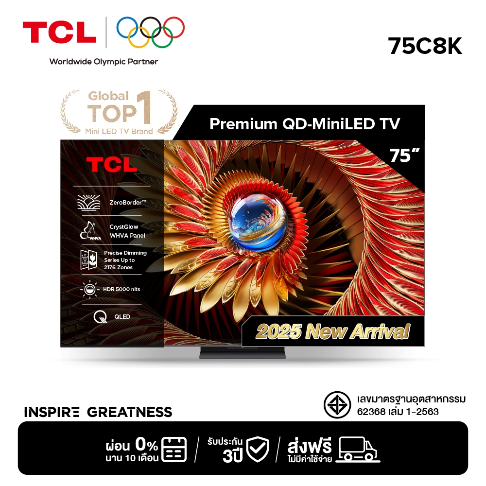 [NEW 2025] TCL ทีวี 75 นิ้ว 4K Mini QLED Google TV รุ่น 75C8K CrystGlow WHVA Panel ZeroBorder ภาพคมช