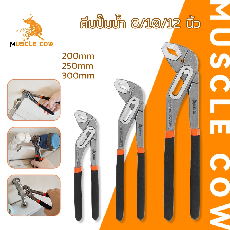 MUSCLE COW คีมปั๊มน้ำ คีมปากเลื่อน 8/10/12 นิ้ว (200/250/300 มม.) ด้ามจับกันลื่น สำหรับงานประปา ช่างซ่อม