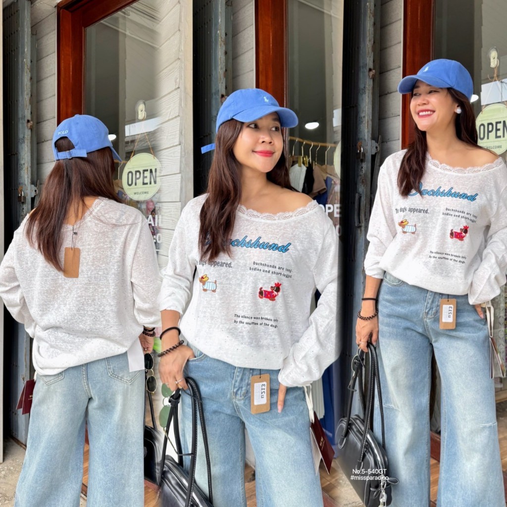 5-540GT เสื้อปาดไหล่คอลูกไม้สกรีนDachshundsขาว