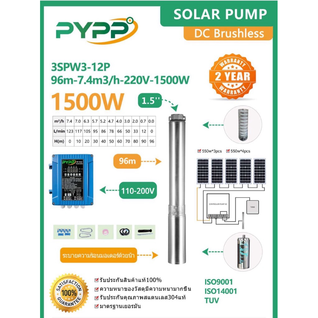 ปั๊มน้ำโซล่าเซลล์ ปั๊มบาดาลโซล่าเซลล์ PYPP รุ่น DC 3SPW3-12P (96m-7.4m3/h-220Voc-1500w)