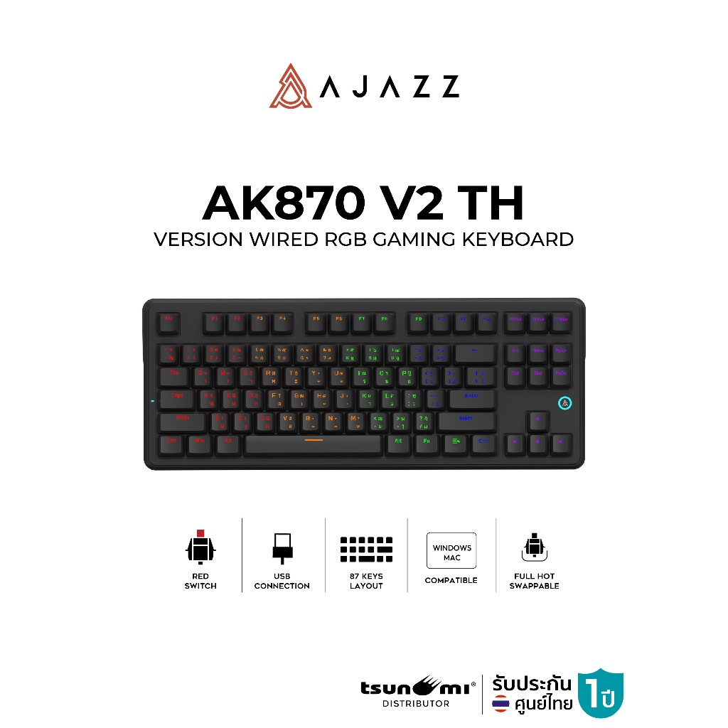คีย์บอร์ดเกมมิ่ง Ajazz AK870 V2 TH Version Wired RGB 87 Key Red Switch Gaming Keyboard รับประกัน 1 ป