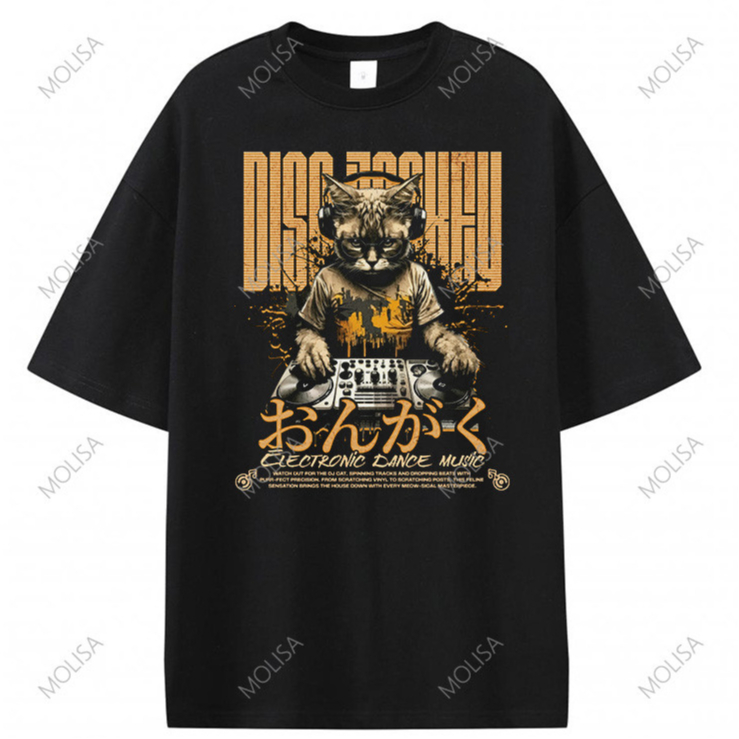 Molisa เสื้อยืด Music CatDJ ลายการ์ตูนอนิเมะญี่ปุ่น เสื้อผู้ชาย oversize Tshirt ผ้าคอตตอน100% 68176# – โปรปัง