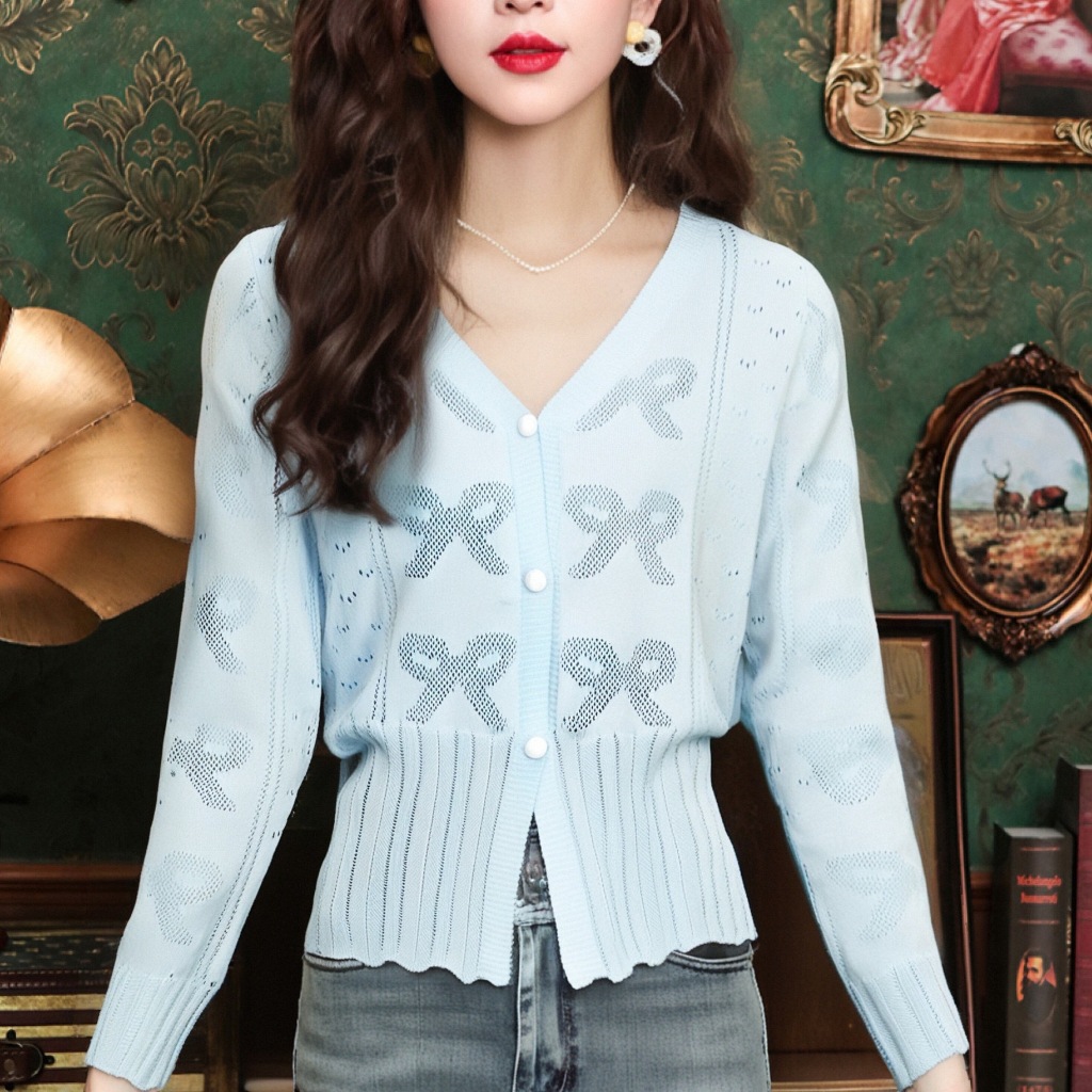 เสื้อสเวตเตอร์แขนยาวคอวีสั้นโครเชต์สไตล์เกาหลีใหม่