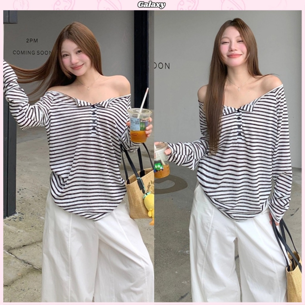 เสื้อแขนยาว เสื้อยืดผู้หญิง ปาดไหล่ ใส่สบาย มีกระดุมในหน้าอก แบบเก๋ #020407