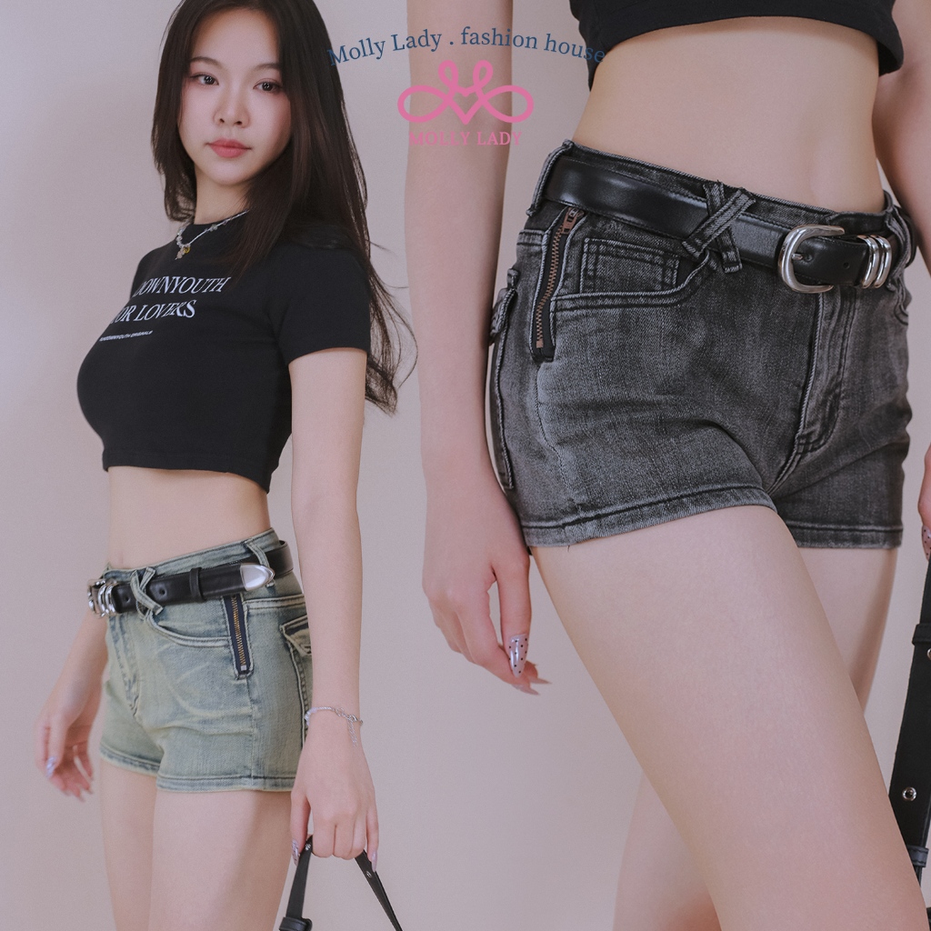 Molly Lady❤️ Zipper Shorts กางเกงขาสั้นมีซิปข้าง ยีนส์แท้ฟอก ลุคเกาหลี สตรีทแฟชั่น  Mid-Rise, denim – โปรปัง