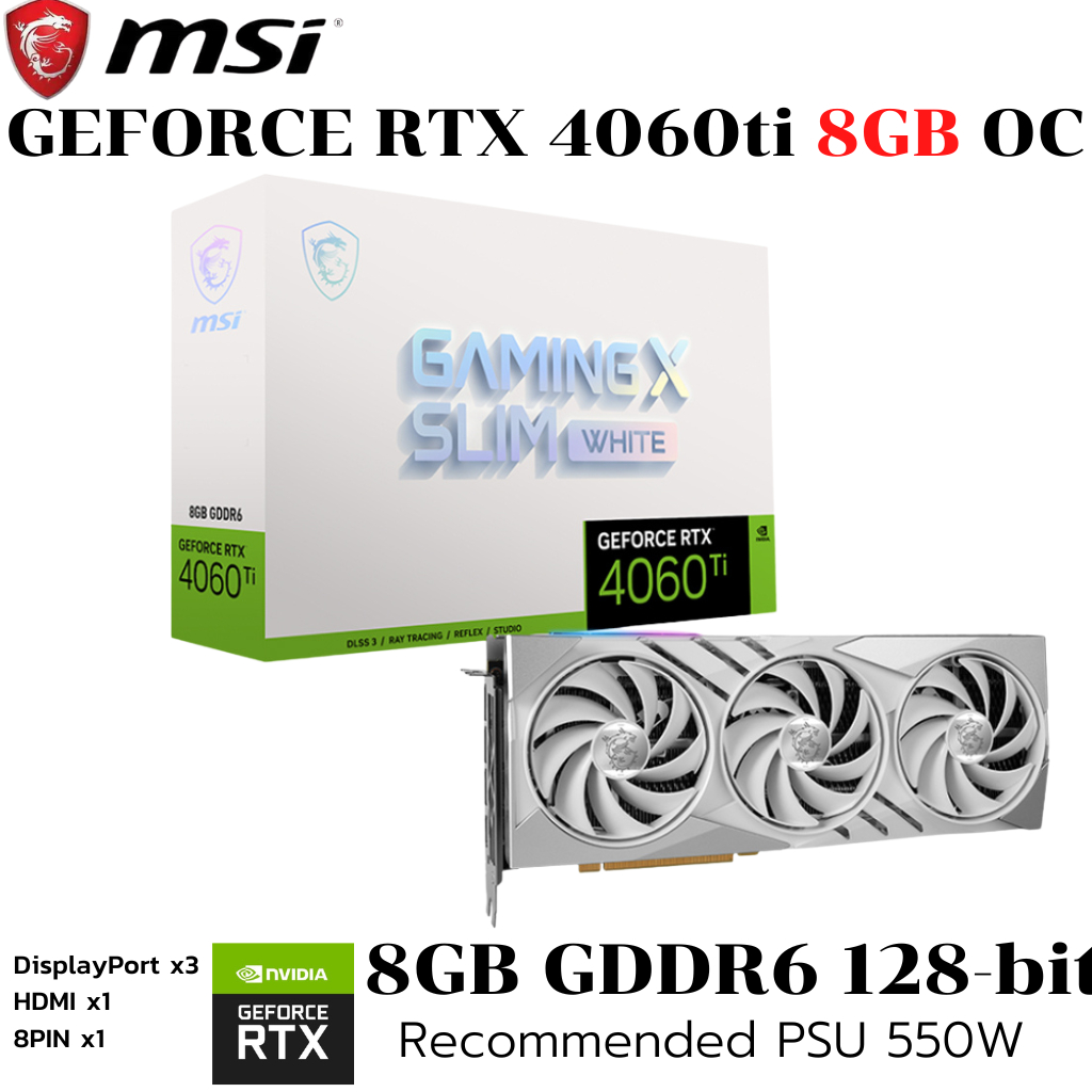 VGA (การ์ดแสดงผล) MSI GEFORCE RTX 4060 TI GAMING X SLIM WHITE 8G - 8GB GDDR6