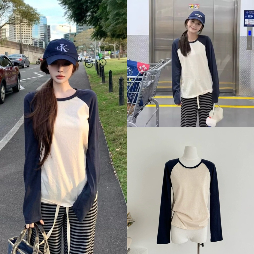 7671# เสื้อคอกลมแขนยาวทูโทน เนื้อผ้าดี งานสวย ทรงใส่สบาย TAG: SIMIDA 🇰🇷