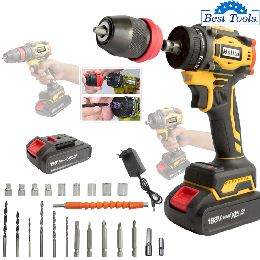 MOLITA สว่านไร้สาย สว่านไร้สายแท้ สว่านไฟฟ้าไร้สาย 198V ไขควง ไฟฟ้า สว่านไขควงไร้สาย สว่านไขควงกระแท