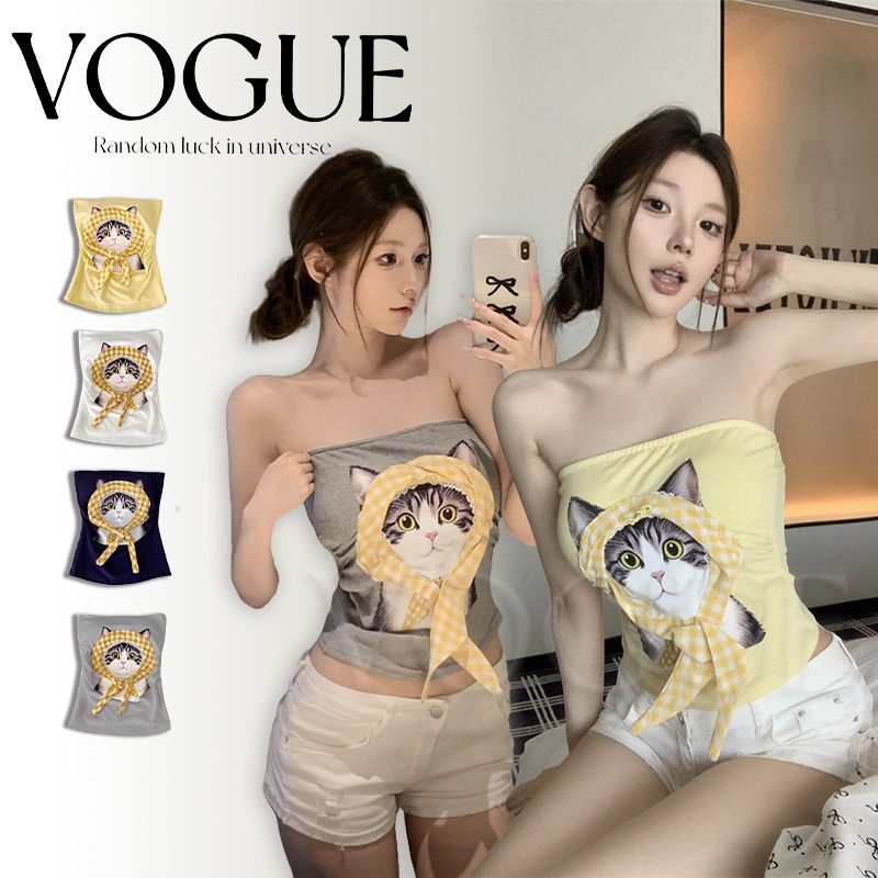 Vogue🌟พร้อมส่ง🌟 เสื้อเกาะอกลายน้องแมวเมี๊ยว เสริมฟองน้ำ สีหวานๆ (FY5548#1)