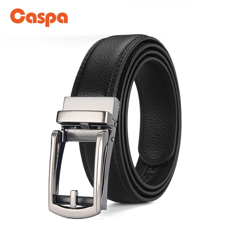 Caspa เข็มขัดหัวหนีบอะลูมิเนียม หนังแท้ เข็มขัดผู้ชายสีดำ เข็มขัดยาว43นิ้ว ราคาถูก