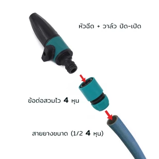 หัวฉีด + วาล์ว หัวสวมสายยางพร้อมฉีด อุปกรณ์รดน้ำต้นไม้ ปรับองศาสายน้ำได้ ข้อต่อสวมไว สายยาง4หุน