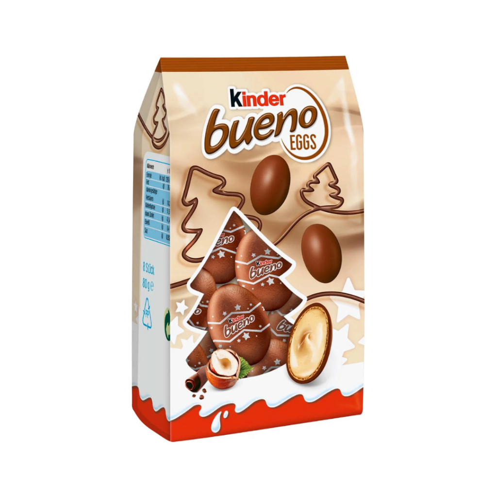 Kinder Bueno Eggs ช็อกโกแลตรูปไข่มินิ 1 ห่อ มีประมาณ 8 ลูก น้ำหนัก 80 กรัม E.20/10/25