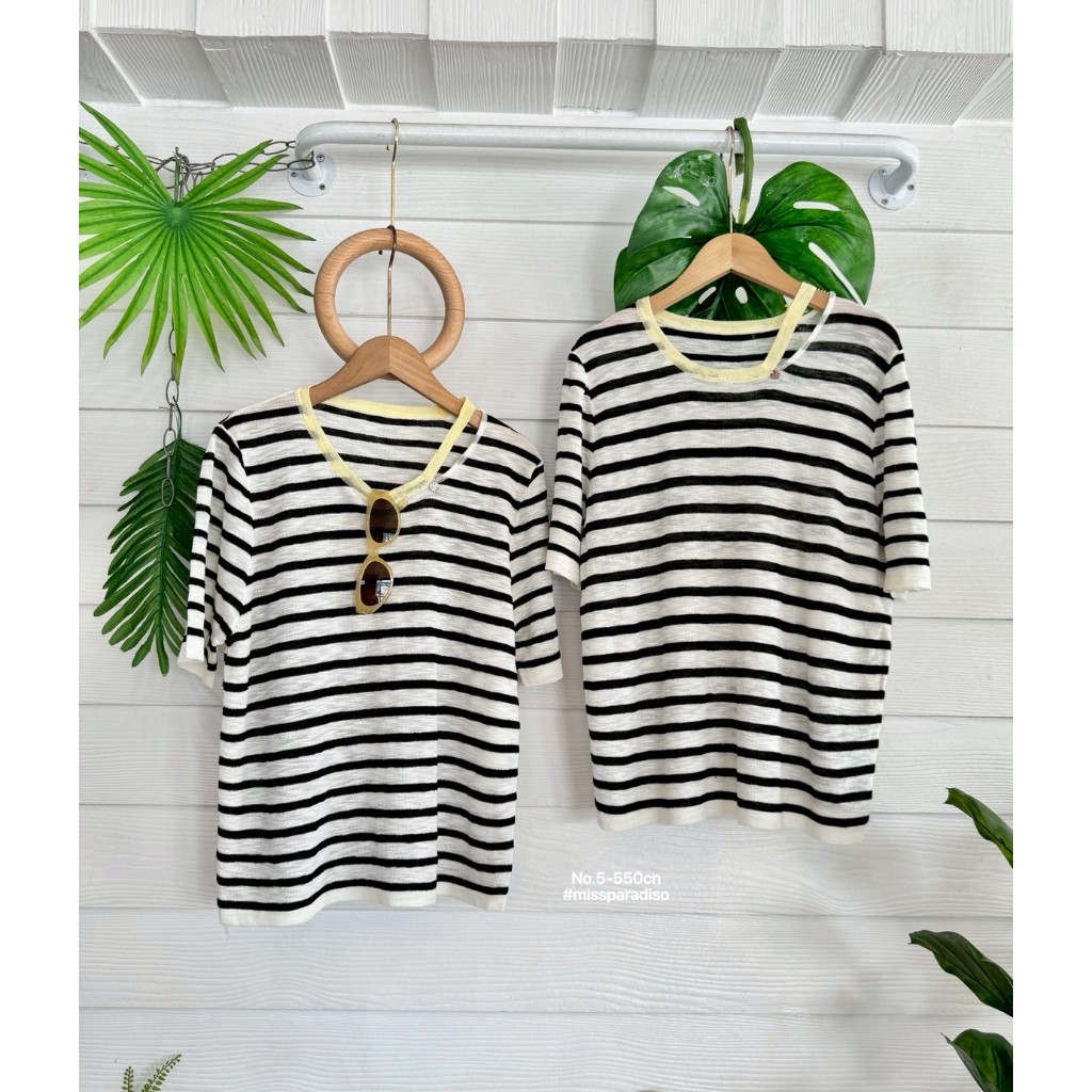5-550CN เสื้อยืดสลาฟแขนสั้นเว้าคอลายริ้ว💥 งาน New งานใหม่สวยฉ่ำ 💥 ทีเทลคือเริศมากเท่มากกก 📸   ต้องจั