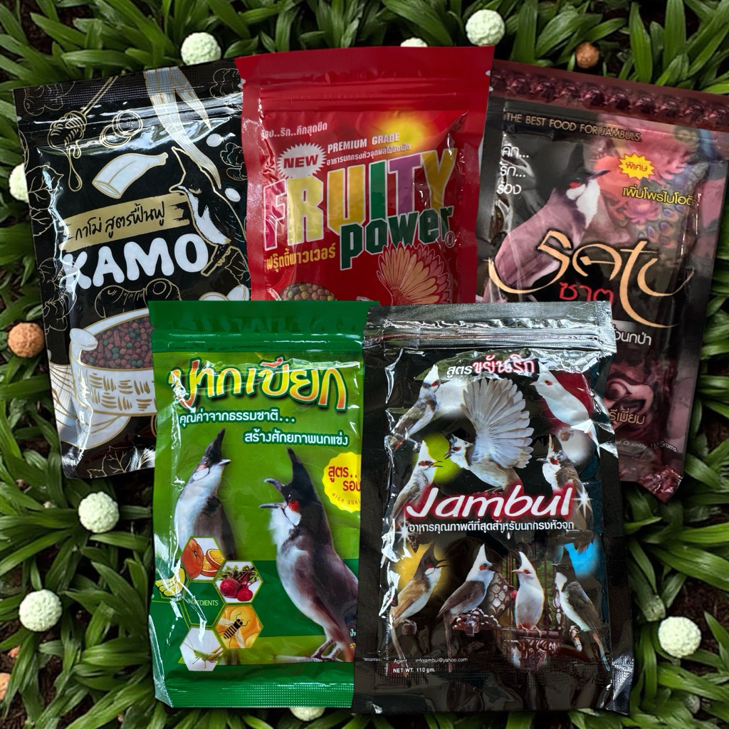 อาหารนกกาโม่100 กรัม +เบิร์ดพาวเวอร์100กรัม+ซาตู100กรัม+จัมบูล100กรัม+ปากเปียก100กรัม