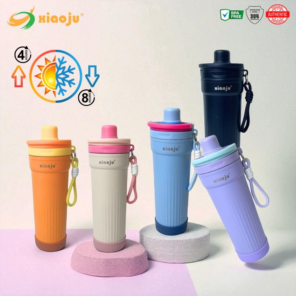 XIAOJU แก้วน้ำฝาดื่มคู่ ยกจิบดื่ม / หลอดดูดในฝาเดียว เก็บอุณหภูมิได้ร้อน&เย็น สแตนเลส 304 ขนาด 600ML