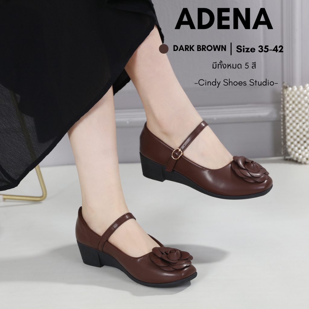 Adena รองเท้าส้นเตารีด ทรง MARY JANE พร้อมดอก Camiliaเท้าอวบเพิ่ม 1 ไซส์