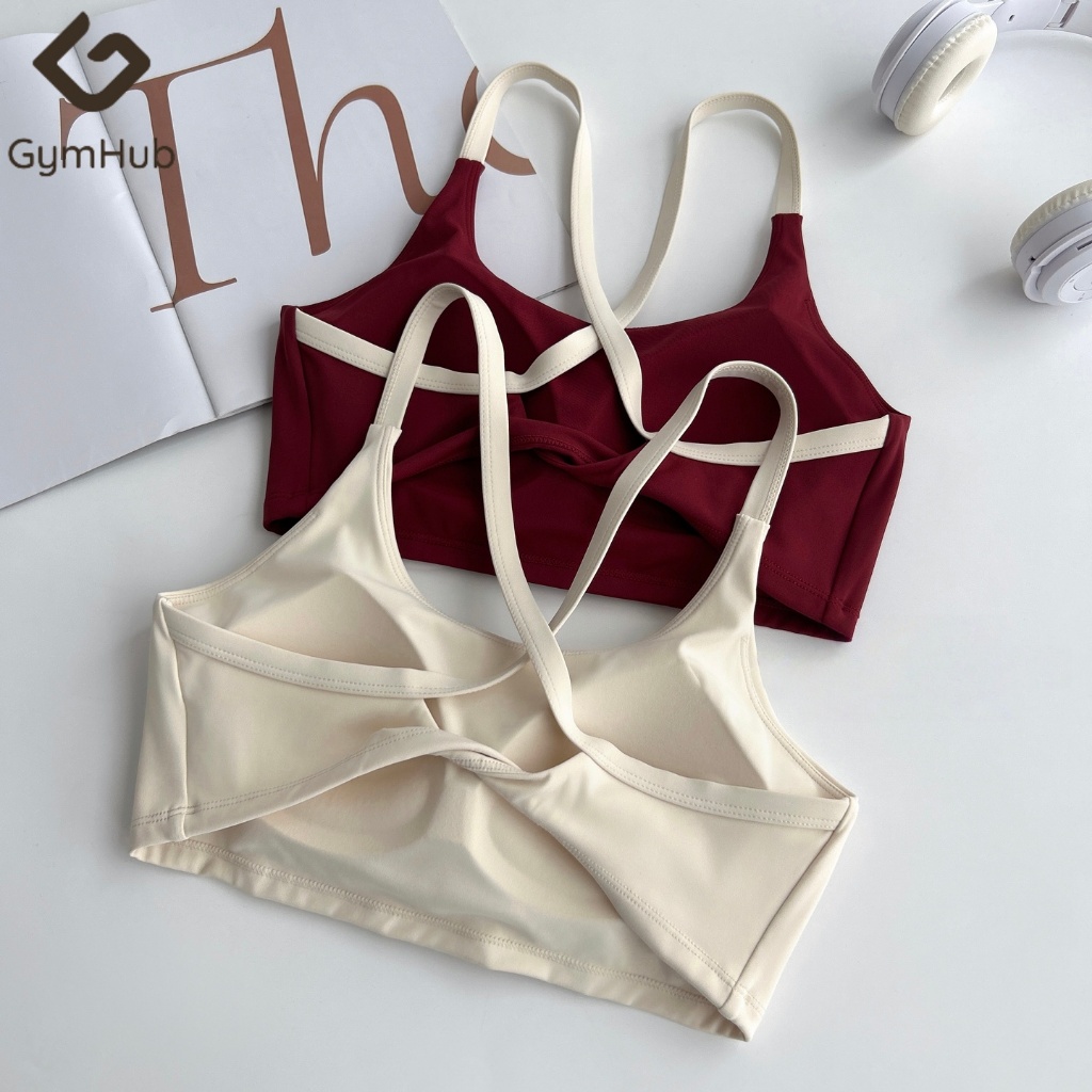 GYMHUB สปอร์ตบราสายสปาเก็ตตี้สีตัดกัน สปอร์ตบราแบบไขว้หลัง โยคะ พิลาทิส ฟิตเนสบรา