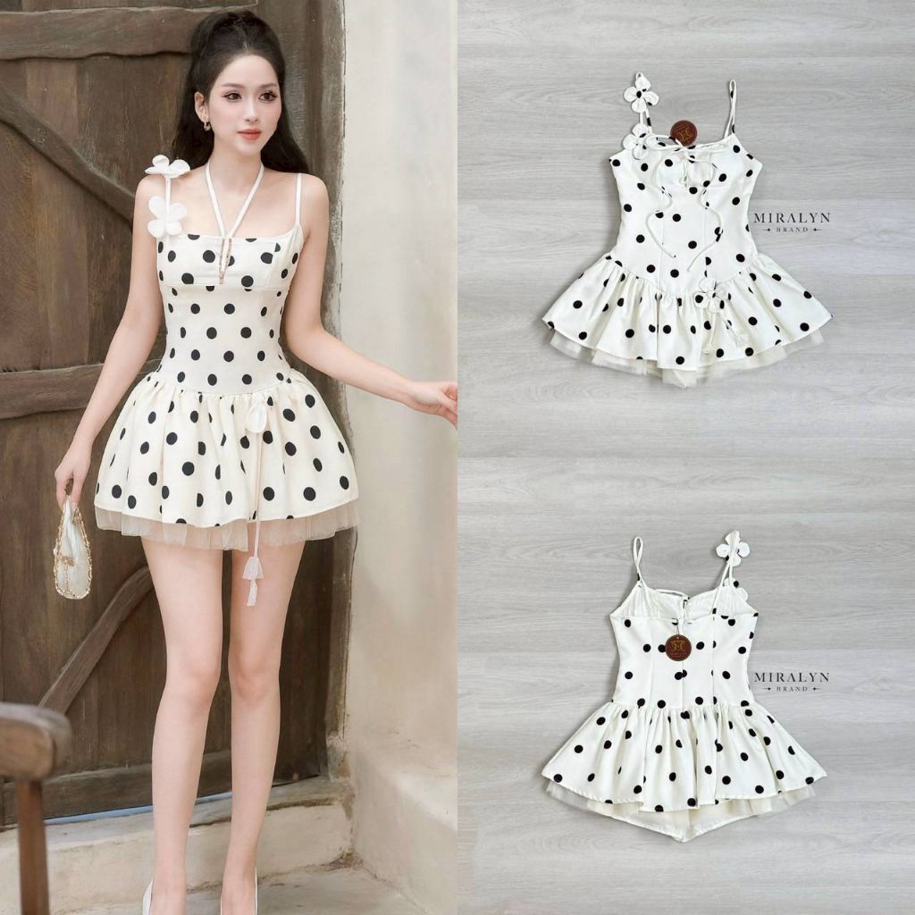 Miralyn จั้มมินิเดรสสายเดี่ยวสีขาวลาย polka dot ทรงน่ารักมาก สายแต่งด้วยดอกไม้สีขาว