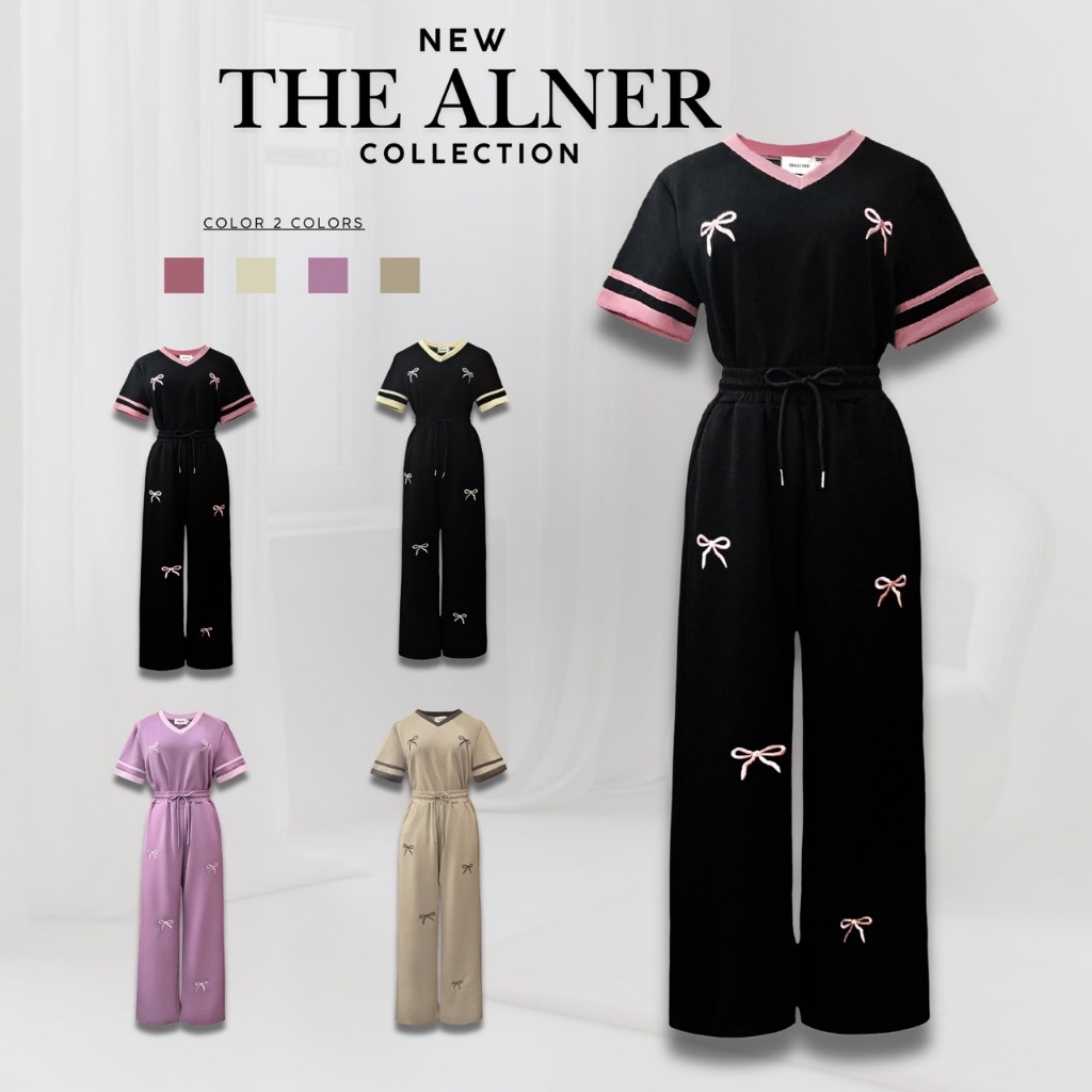 Thealner-AN810 (เซตเสื้อคอวีปักโบว์แขนสั้นกางเกงขายาว)