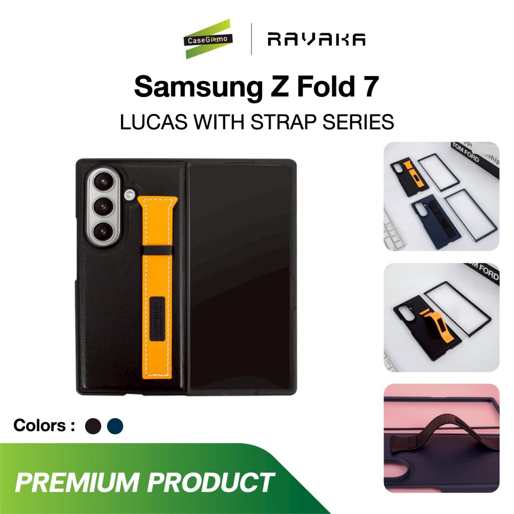 RAVAKA รุ่น Z Fold 7 เคส 2 ชิ้น พร้อมสายจับหนัง เคสปกป้องครบทุกมุม เคสสีดำ สีน้ำเงิน Case Lucas With