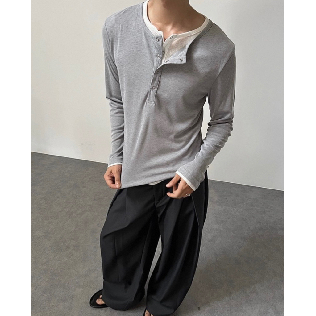 Layered Henley Long-Sleeve Shirt เสื้อแขนยาวทรงพอดีตัว  A2 - รูปที่ 4