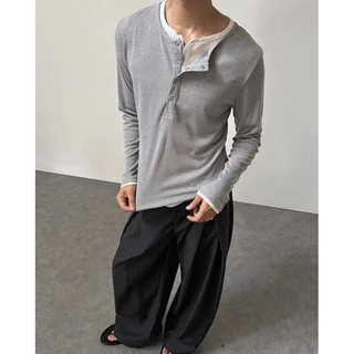 Layered Henley Long-Sleeve Shirt เสื้อแขนยาวทรงพอดีตัว A2