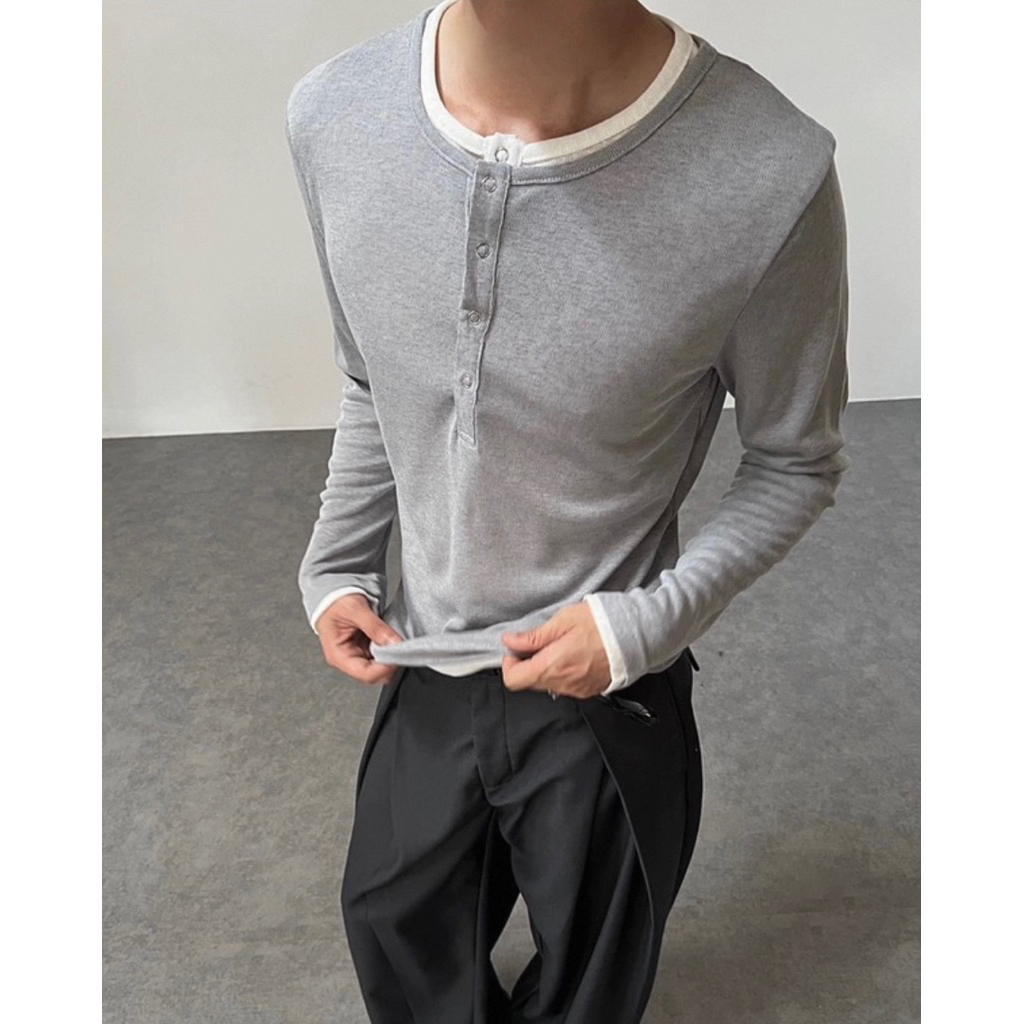 Layered Henley Long-Sleeve Shirt เสื้อแขนยาวทรงพอดีตัว  A2 - รูปที่ 5