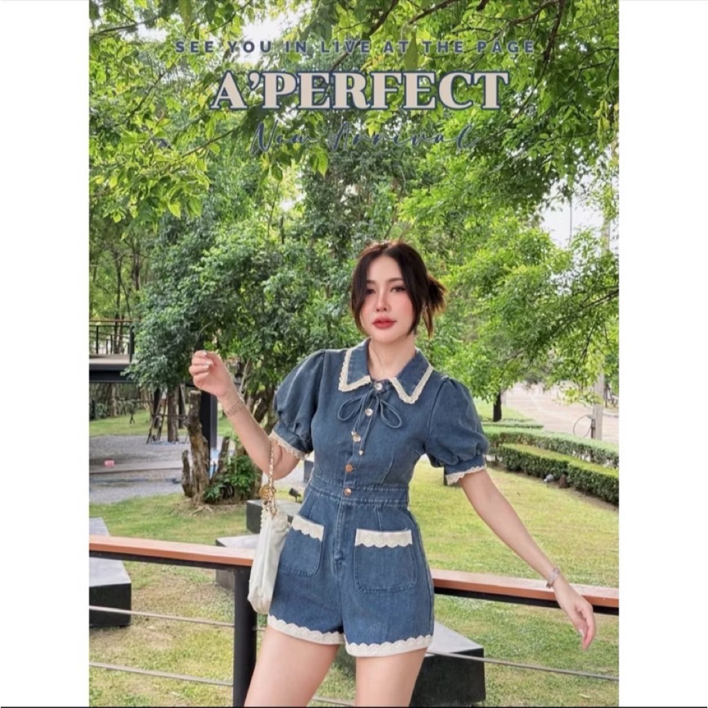 Jidapa style : งานนำเข้าร้านจิดาภา ชุดจั้มยีนส์กระดุมหน้าคอปกแต่งลูกไม้ แขนตุ๊กตา งานน่ารัก (งานมือ 